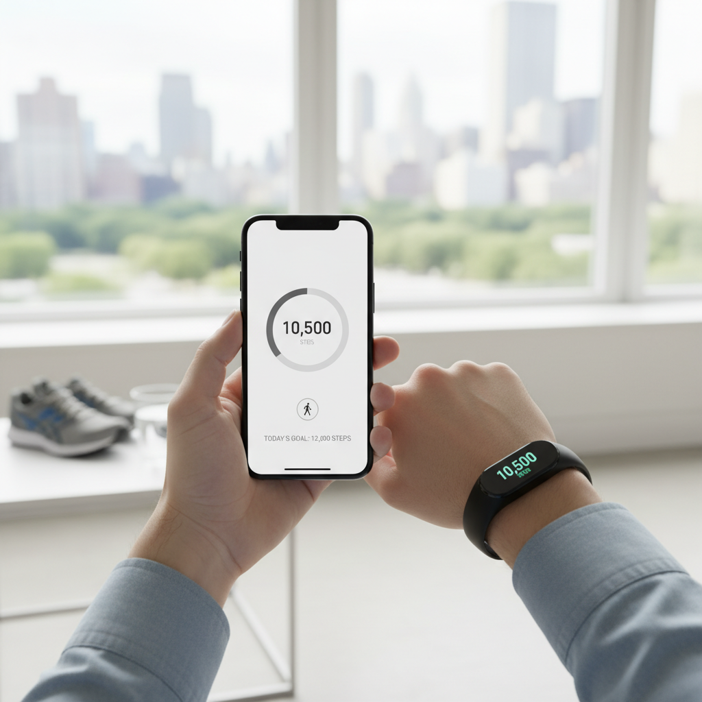 스마트폰이나 손목 밴드로 걸음 수를 확인하는 장면