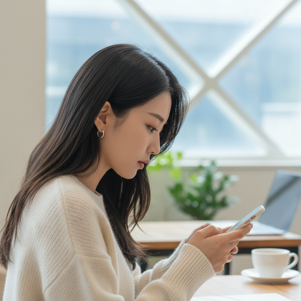 스마트폰을 고개 숙여 보고 있는 20대 한국인 여성의 옆모습