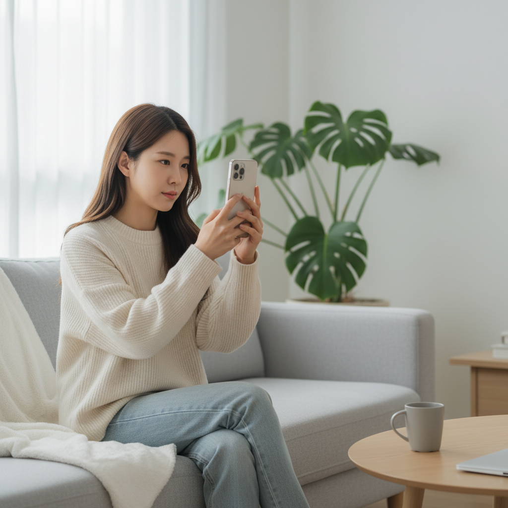 스마트폰을 눈높이에 맞춰 보고 있는 20대 한국인 여성