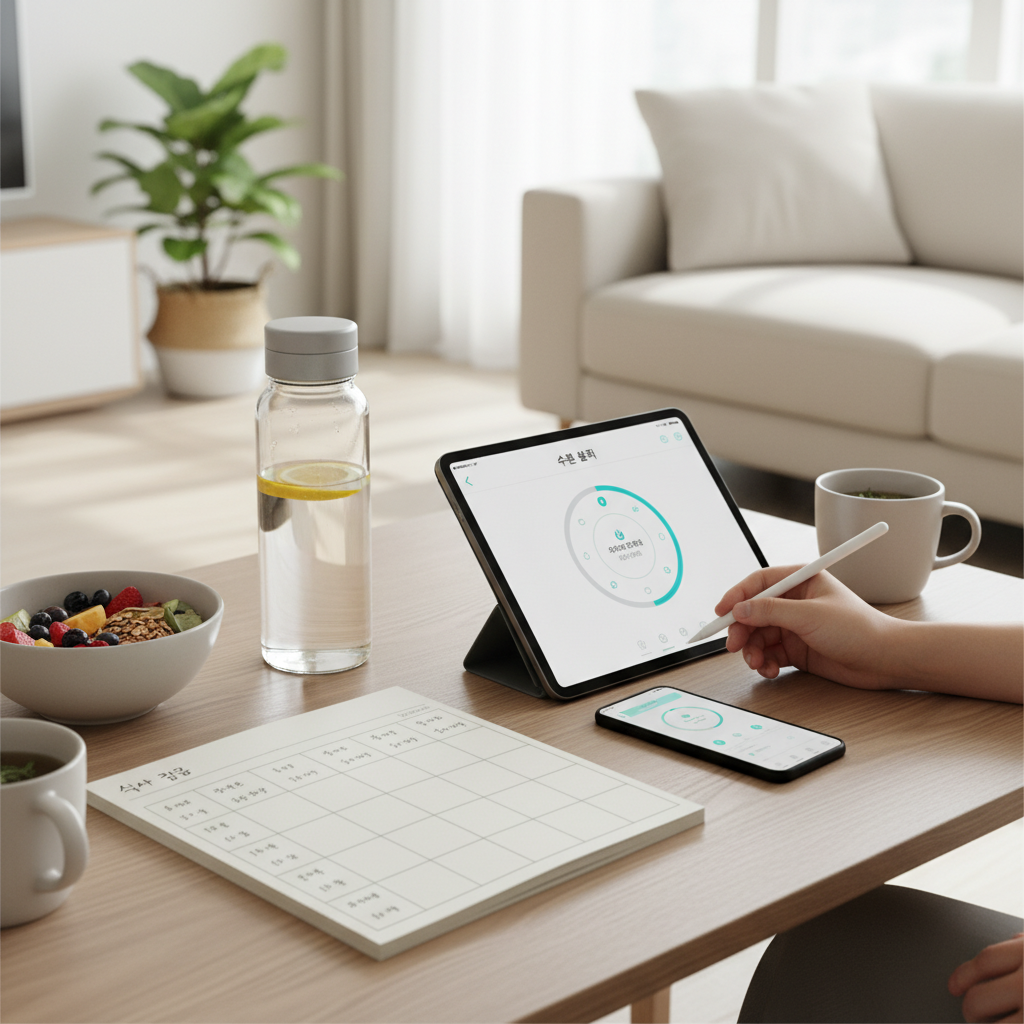 식사 기록과 수분 섭취를 체크하는 일상 장면