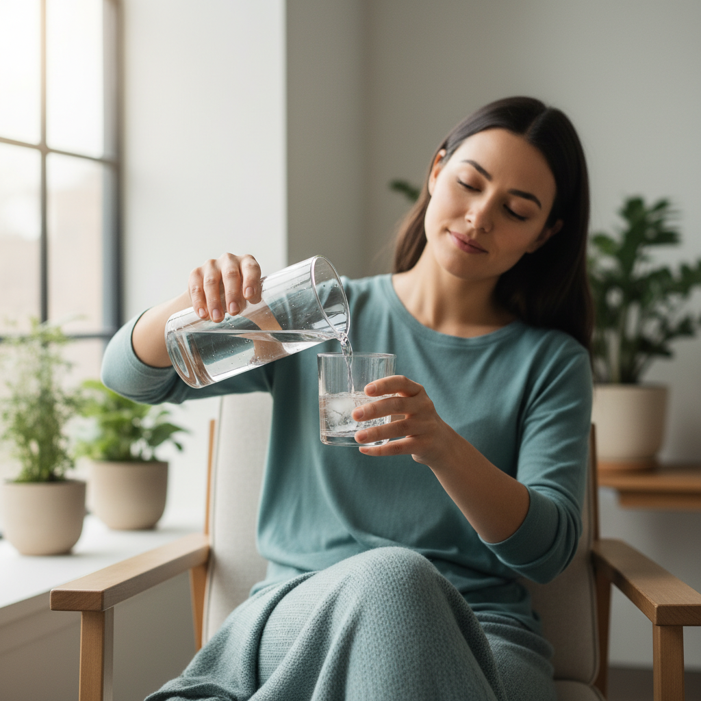 물을 천천히 마시며 휴식하는 장면