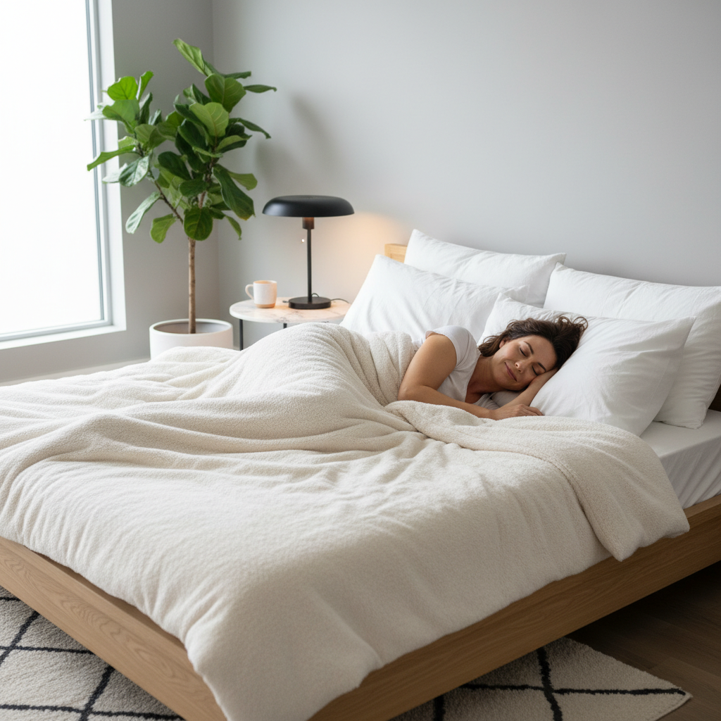 침대에서 편안히 자고 있는 성인 여성