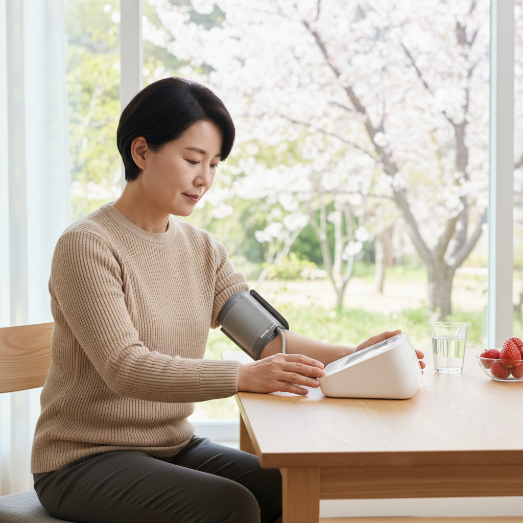 봄날 아침 혈압계로 혈압을 재는 중년 한국인의 모습