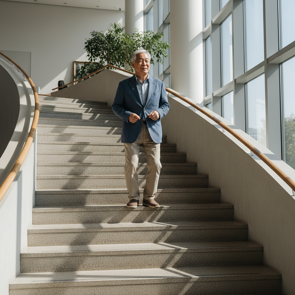 계단을 천천히 오르는 노년층 한국인의 모습