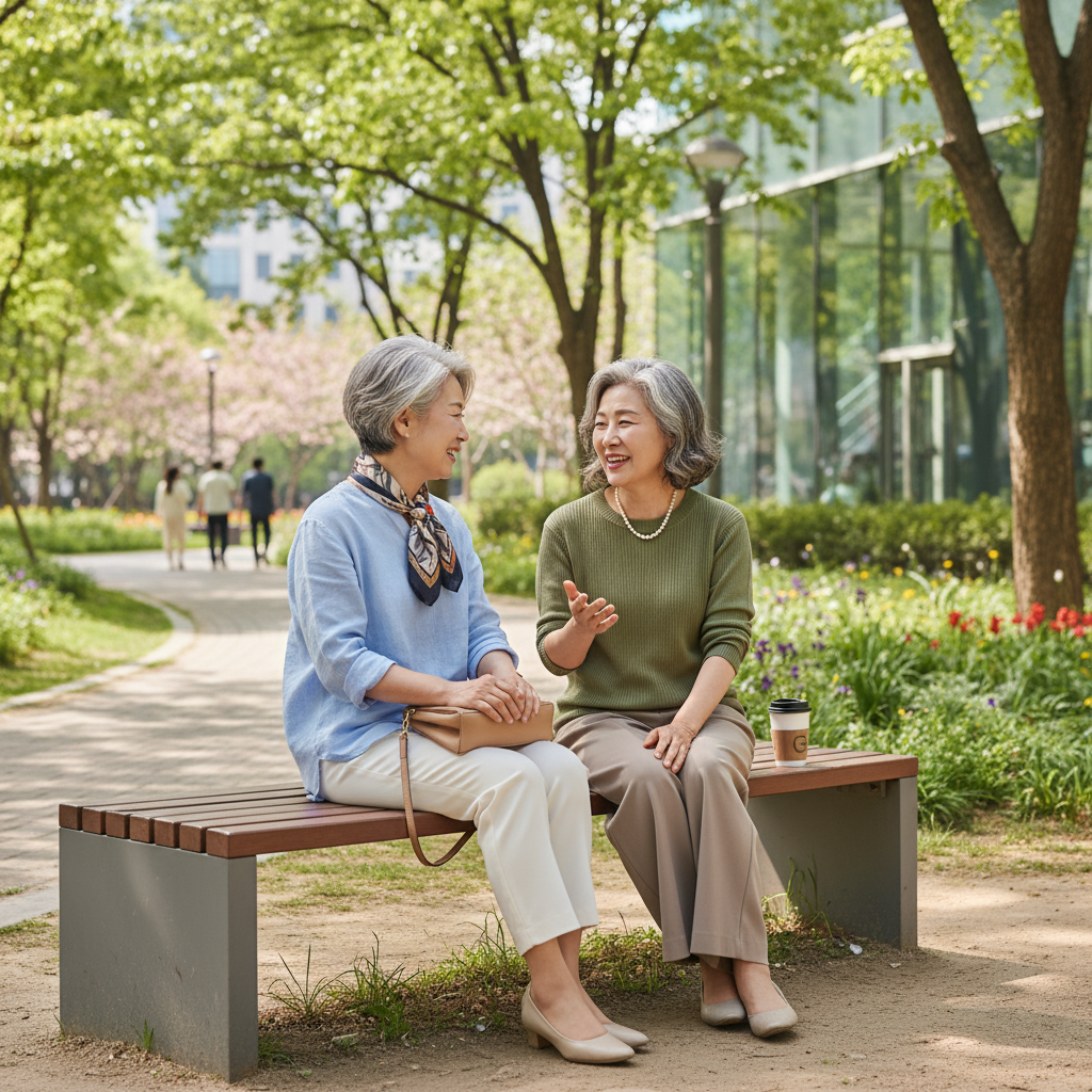 공원 벤치에 앉아 이야기 나누는 60대 한국인 여성 두 명