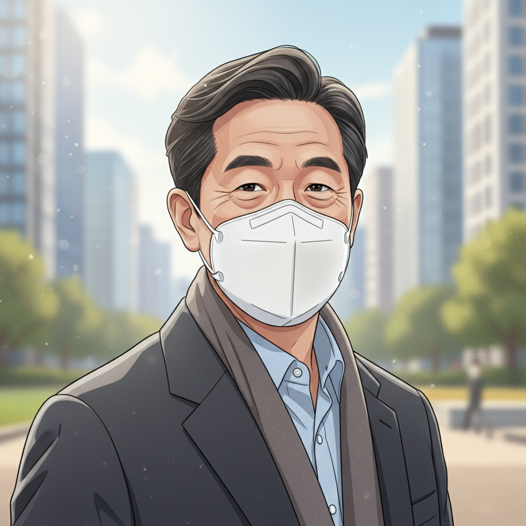 미세먼지 마스크를 착용한 한국인 노년층의 모습