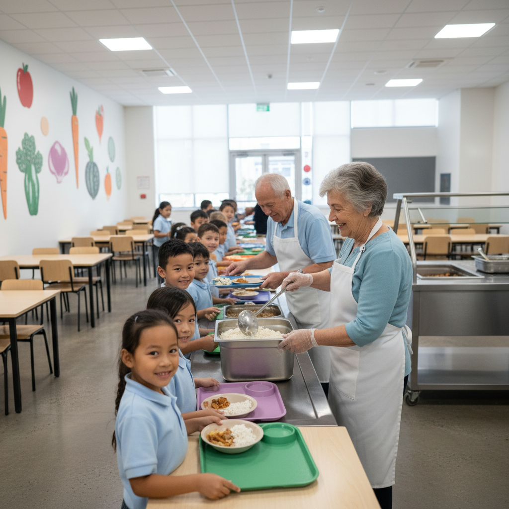학교 급식실에서 어르신이 배식을 돕는 장면