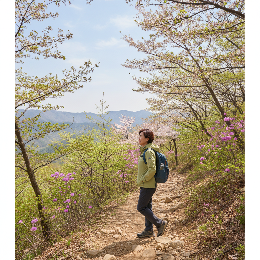 봄 산책길을 걷는 50대 한국인의 측면 모습