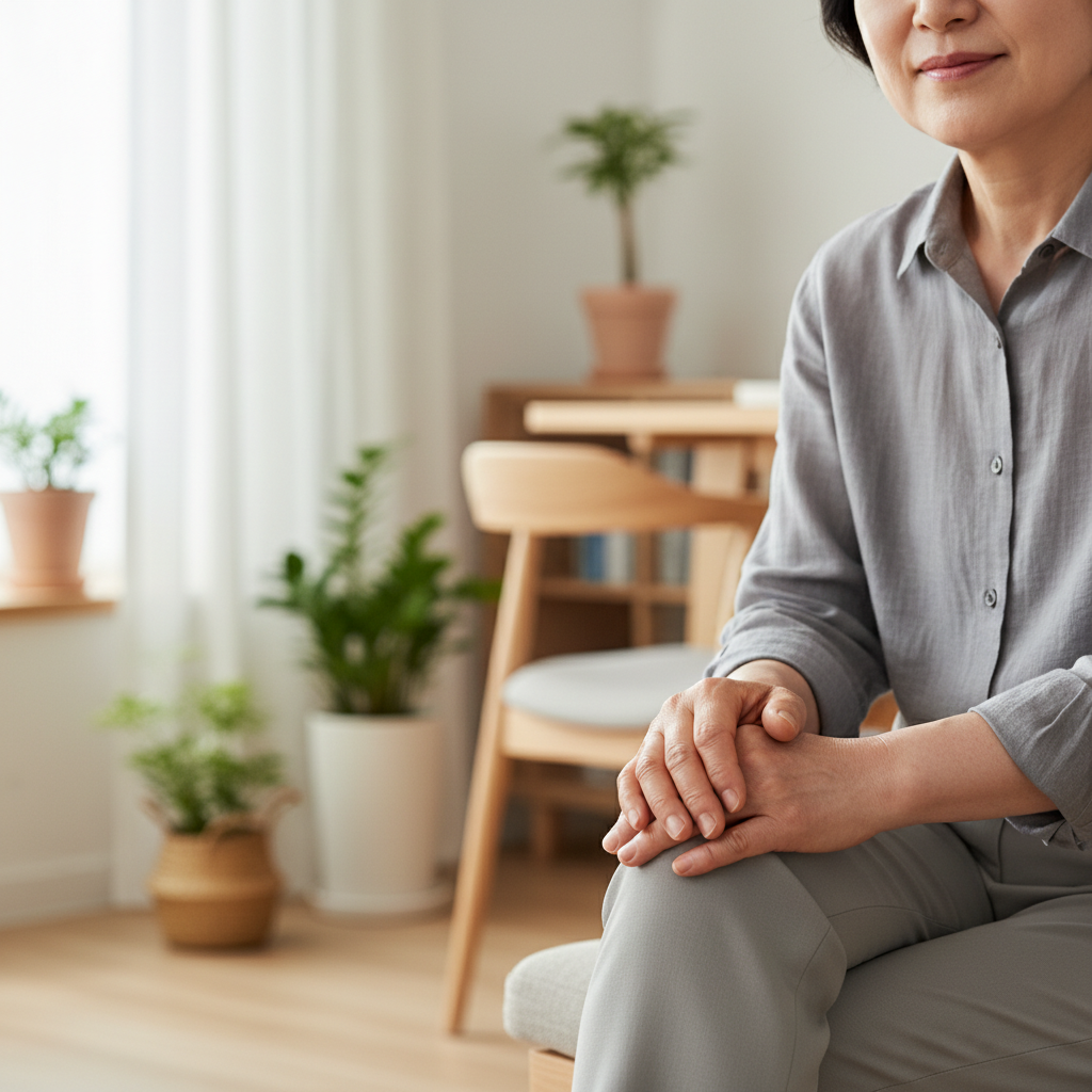 무릎에 손을 얹고 있는 50대 한국인의 클로즈업