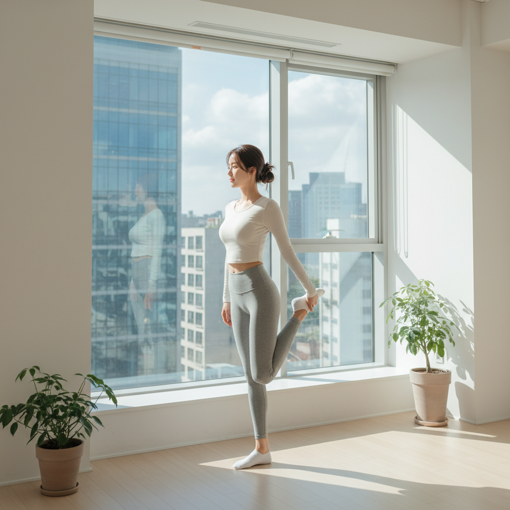 창가에서 가볍게 스트레칭하는 한국인 여성의 모습