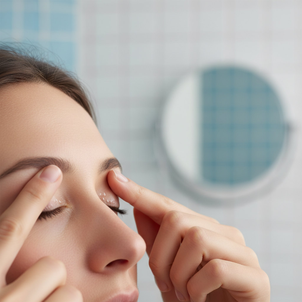 눈을 감고 눈꺼풀을 살짝 눌러 기름샘 상태를 확인하는 장면