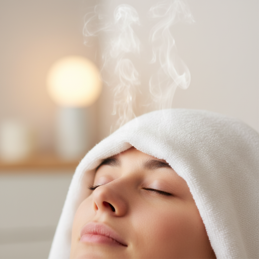 따뜻한 물수건을 눈 위에 올린 모습