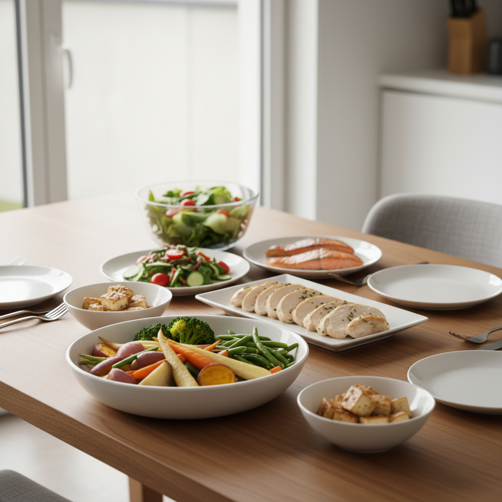 채소와 단백질 반찬을 먼저 덜어 놓은 식탁