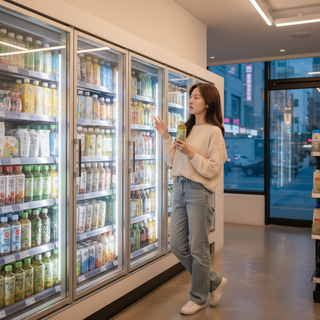 편의점 음료 선택하는 한국인 여성