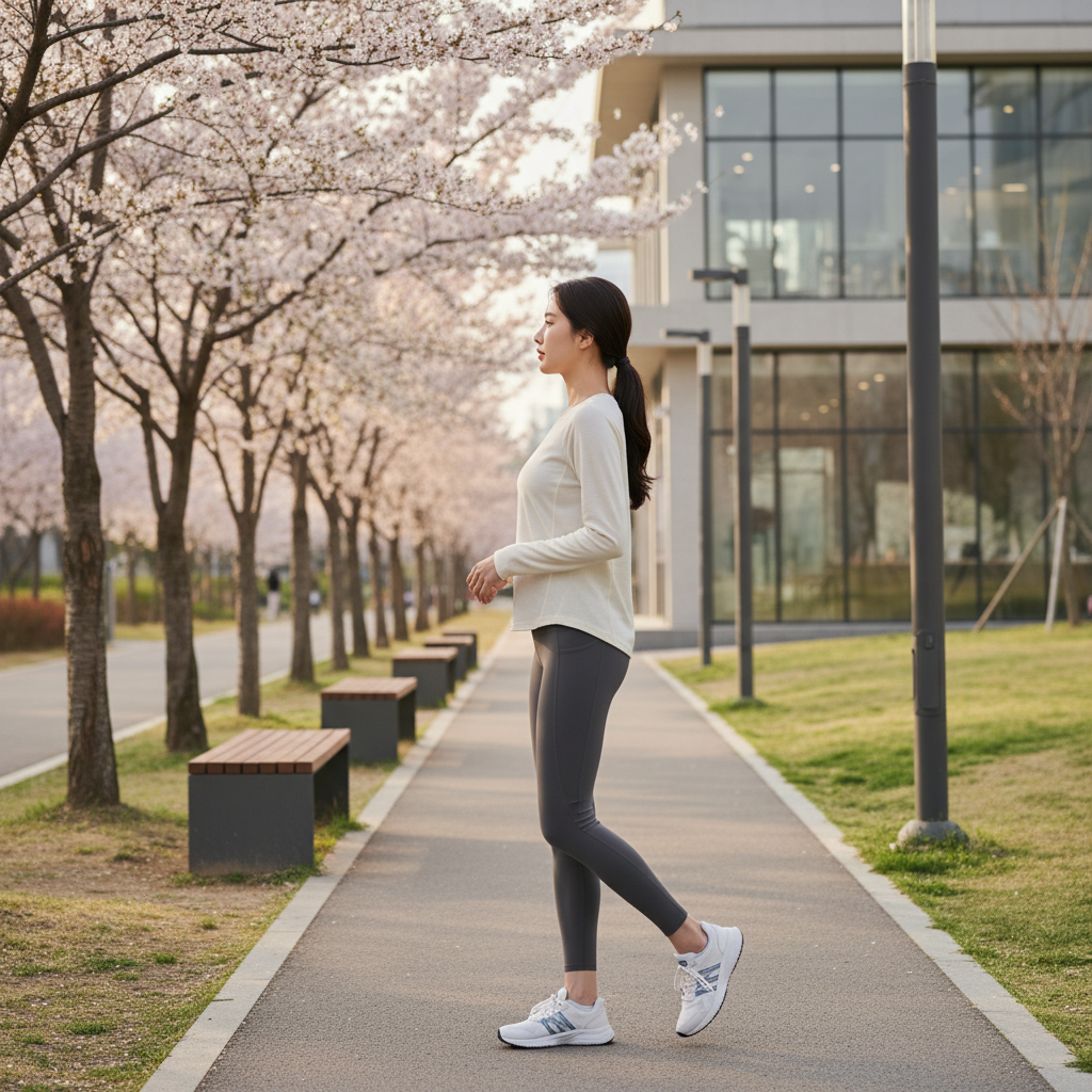 공원을 바른 자세로 걷고 있는 한국인 여성의 측면 모습
