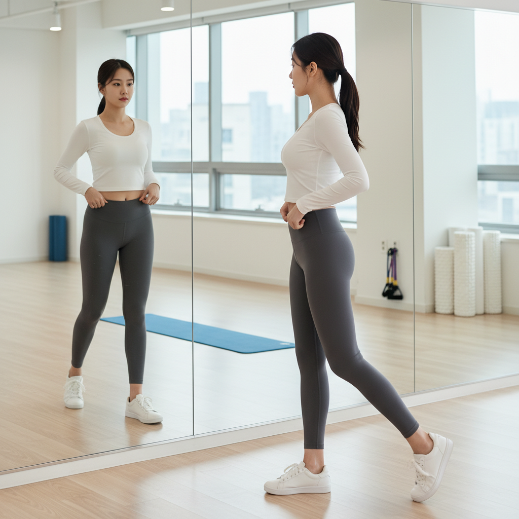거울 앞에서 자신의 걷는 자세를 체크하는 한국인 여성