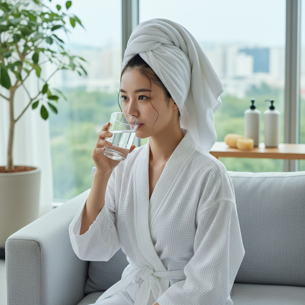 목욕 후 물을 마시는 한국인 여성의 모습
