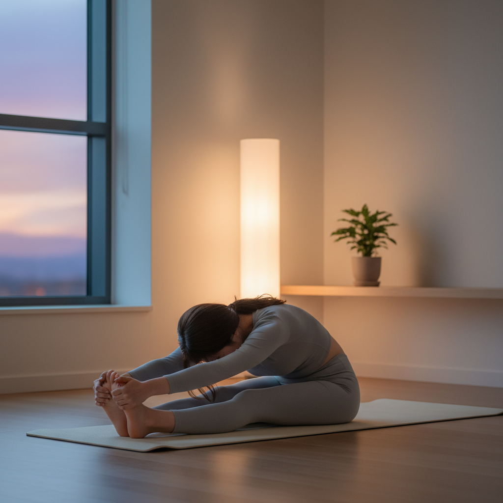 일요일 저녁 조용한 방에서 스트레칭하는 20대 한국인 여성