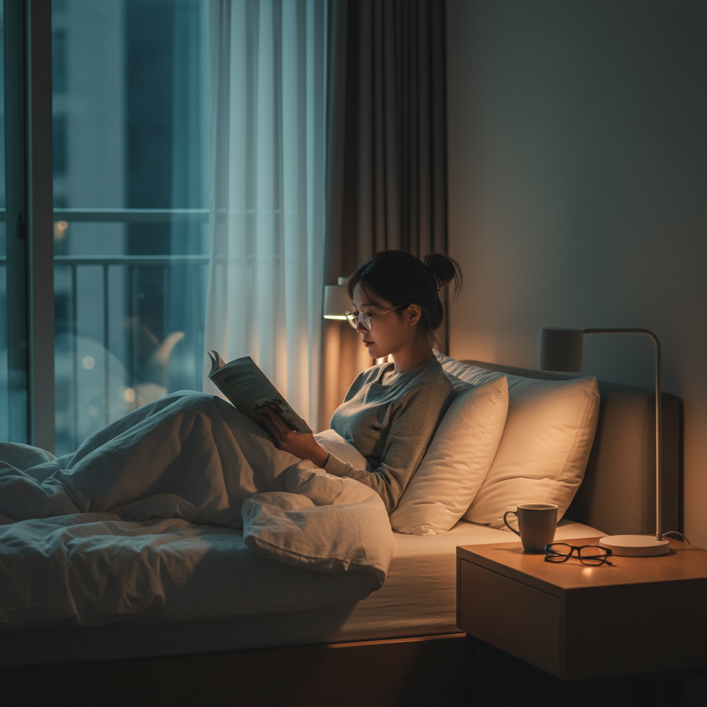 조명 낮춘 침실에서 책 읽는 20대 한국인 여성