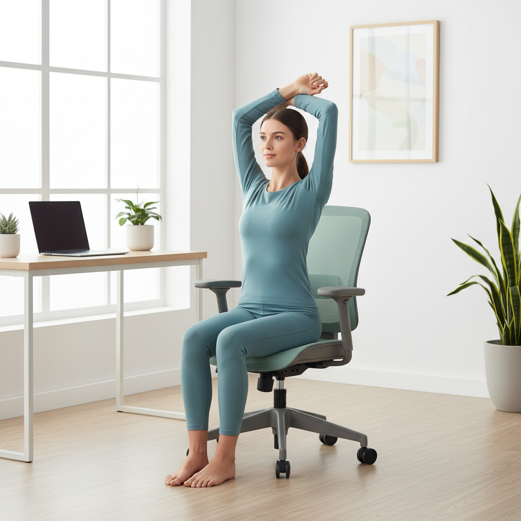 바른 자세로 의자에 앉아 스트레칭하는 여성의 모습