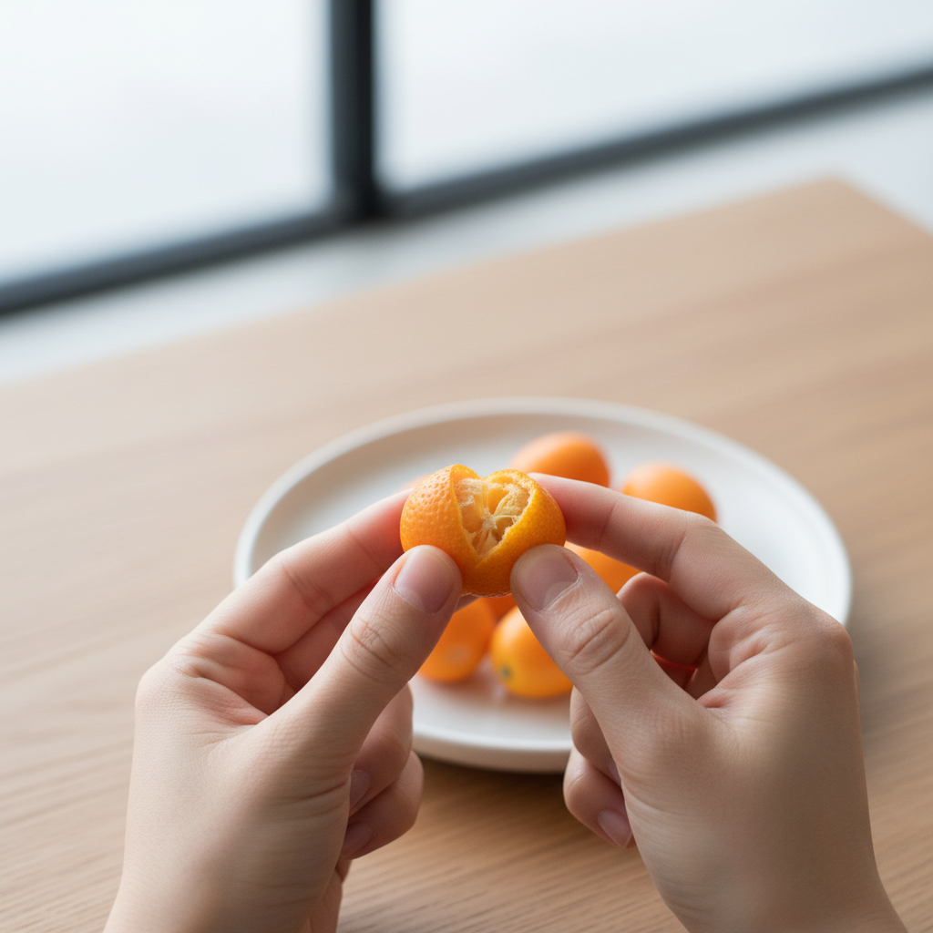 낑깡을 껍질째 손으로 까먹는 모습