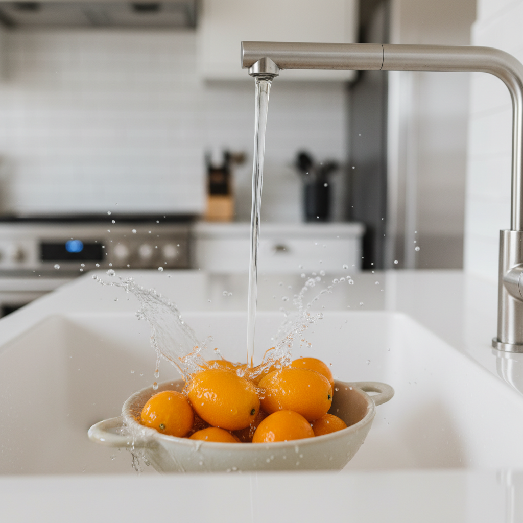 낑깡을 흐르는 물에 씻는 장면