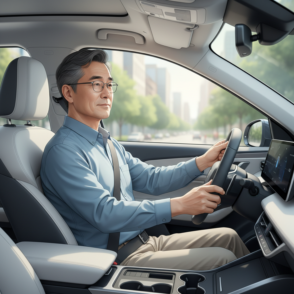 70대 운전자가 운전석에 앉아 안전벨트를 착용하고 있는 모습