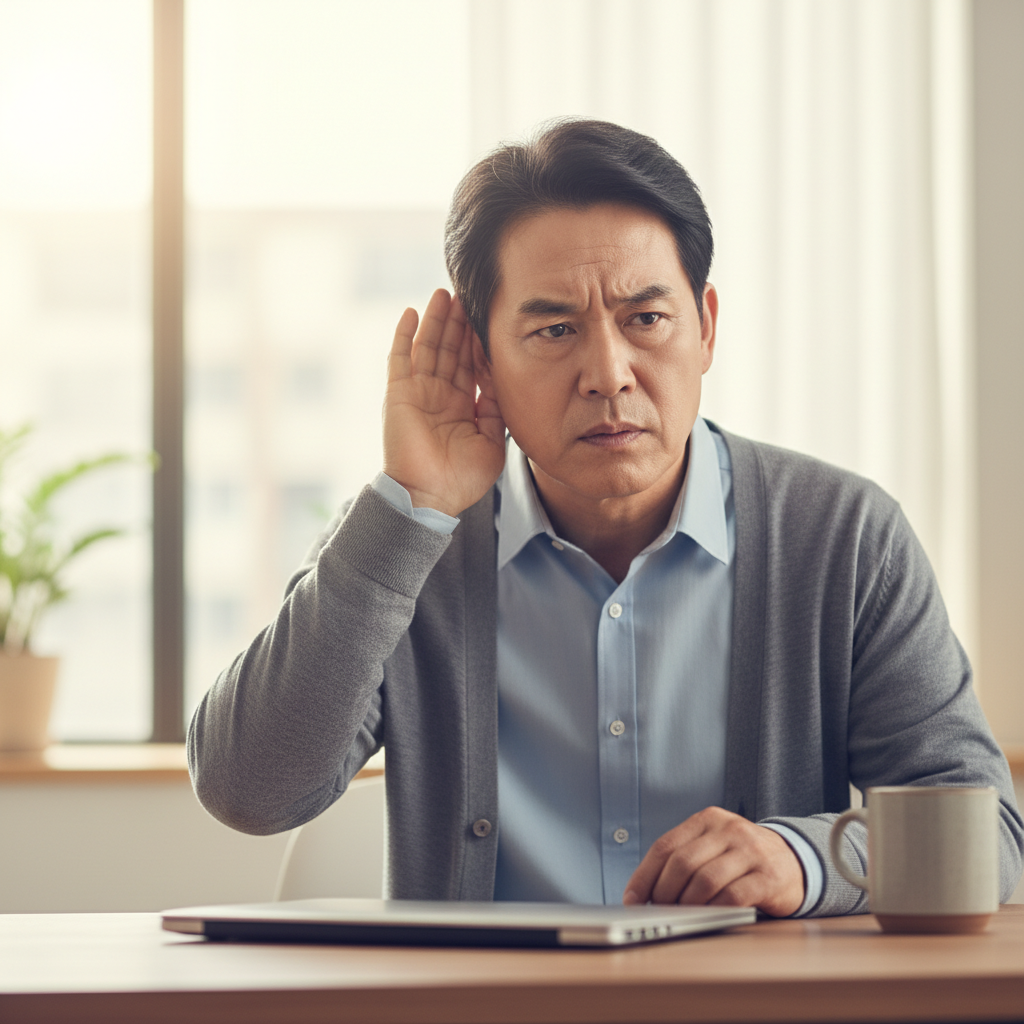 보청기를 착용하지 않은 60대 한국인 남성이 손을 귀에 대고 듣기 위해 집중하는 모습