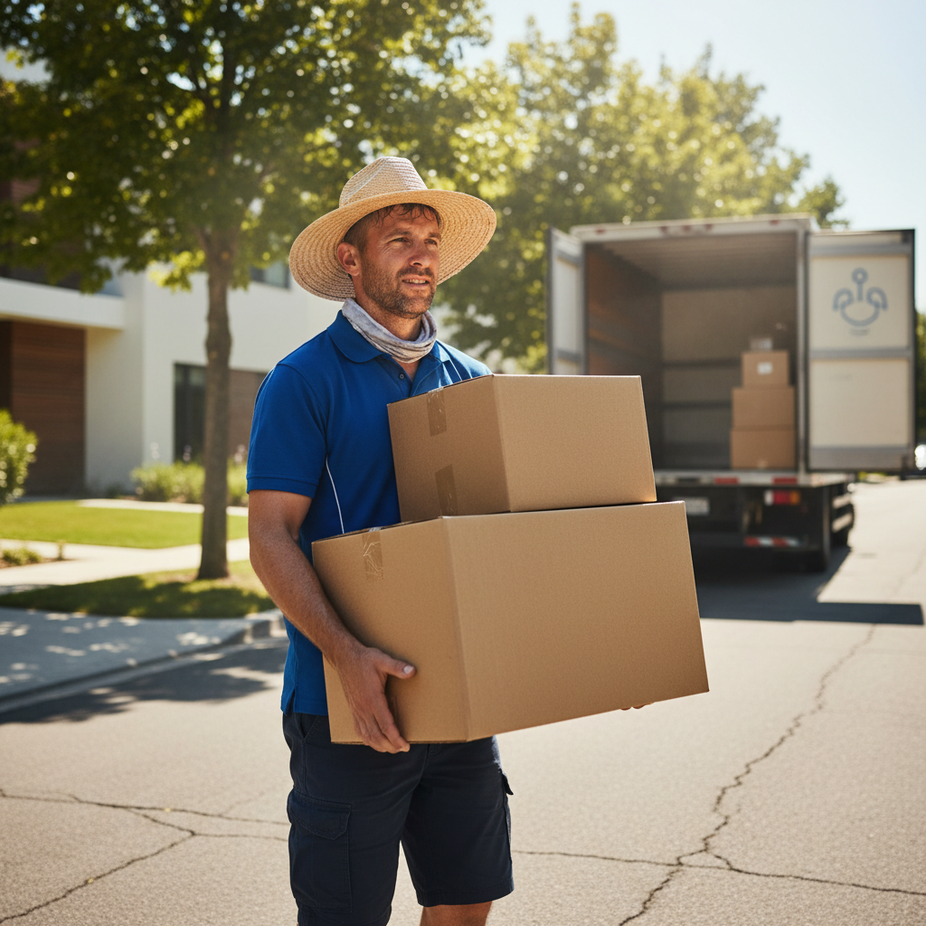 택배 기사가 여름철 더운 날씨에 짐을 나르는 모습