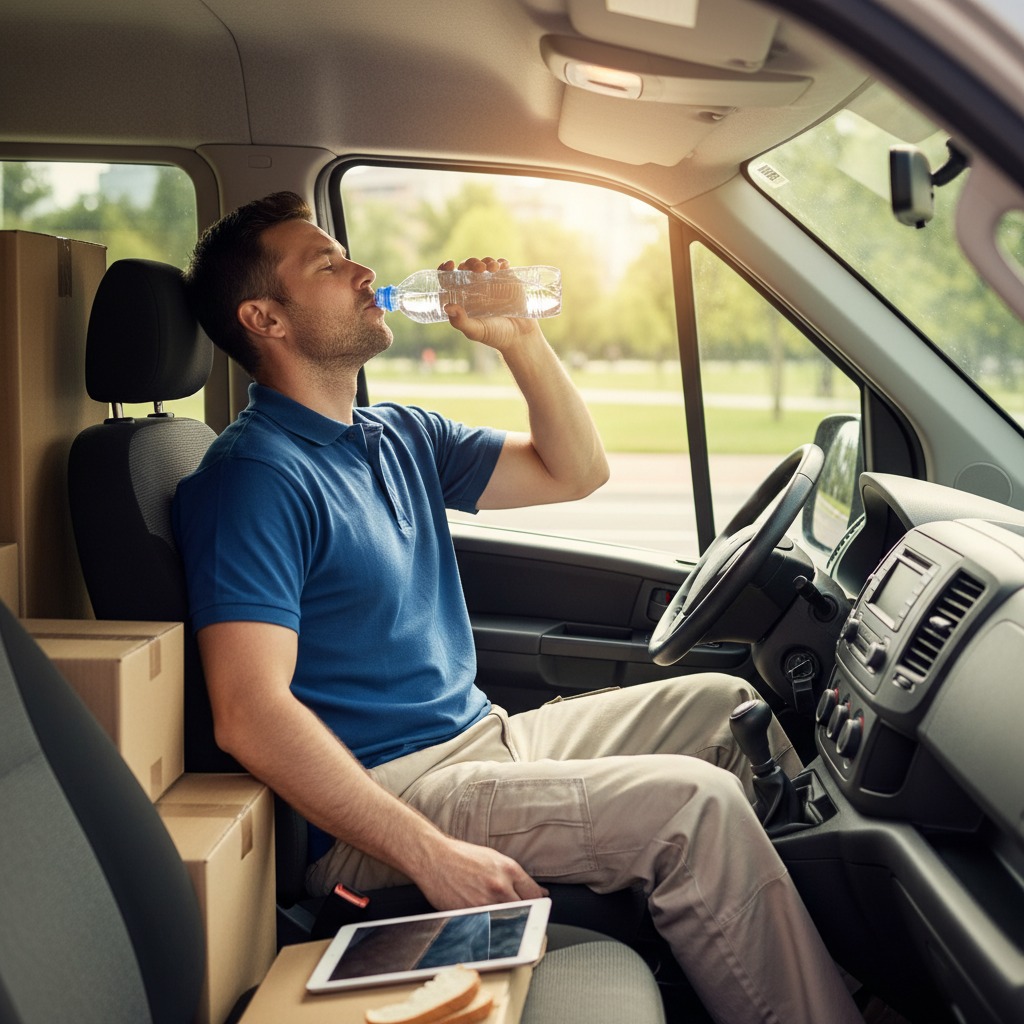 차 안에서 물을 마시며 짧은 휴식을 취하는 택배 기사 모습