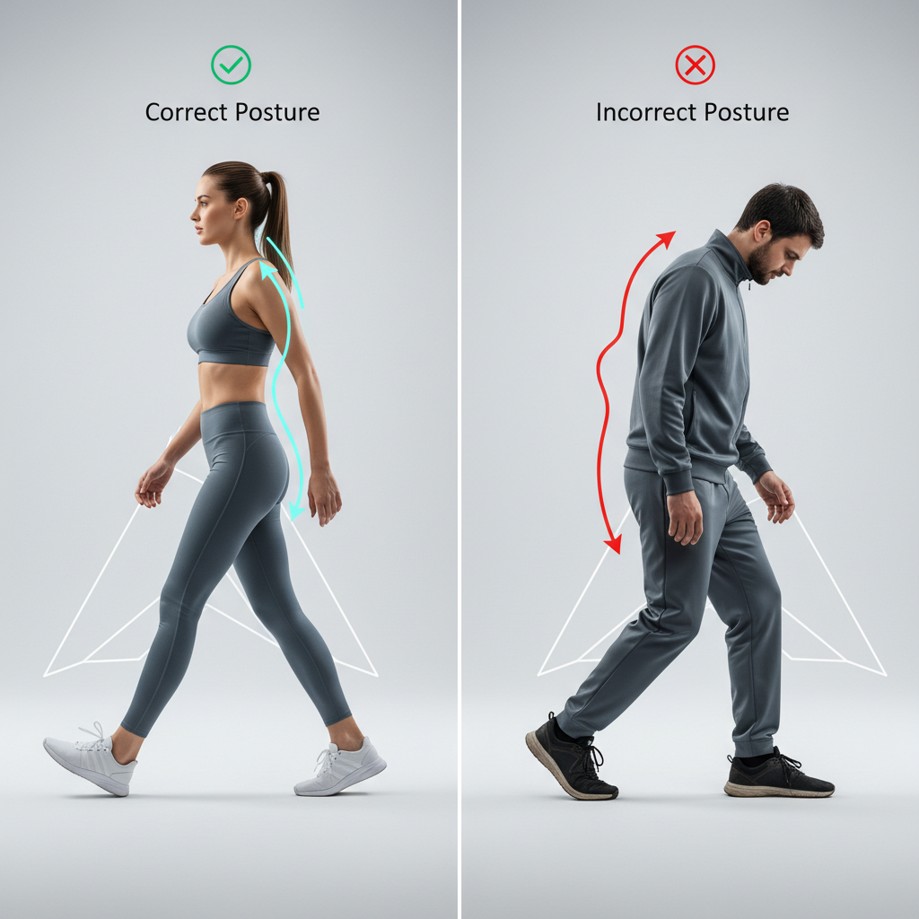 바른 보행 자세와 잘못된 자세 비교 장면