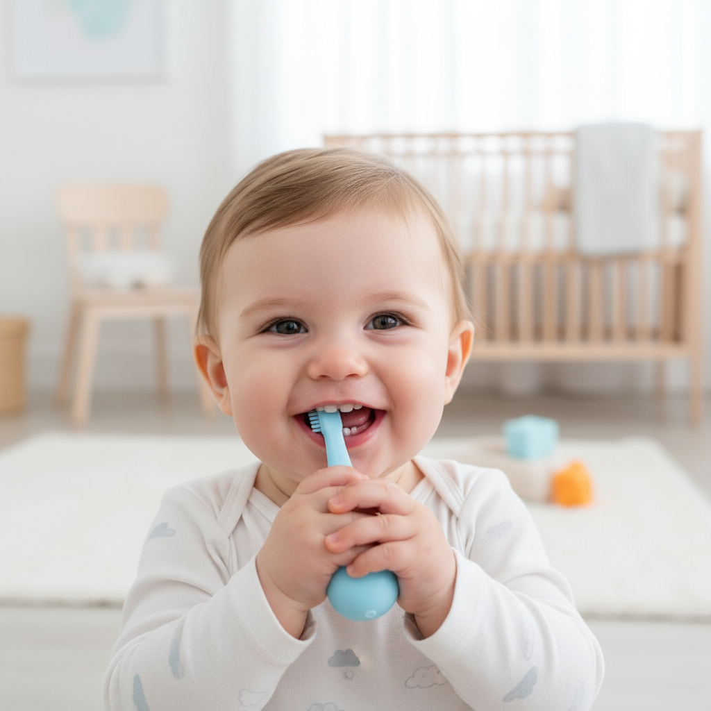 유아가 치아용 실리콘 칫솔을 물고 있는 장면