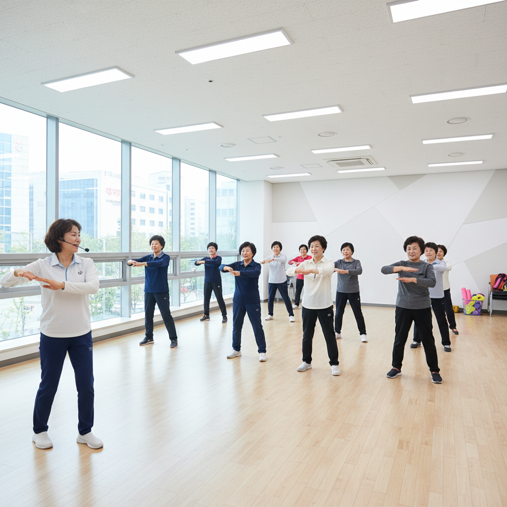 주민센터에서 함께 체조하는 시니어들의 모습