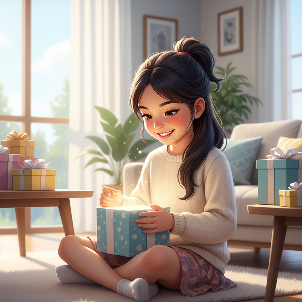 초등학생 손녀가 선물 상자를 열어보며 환하게 웃는 장면