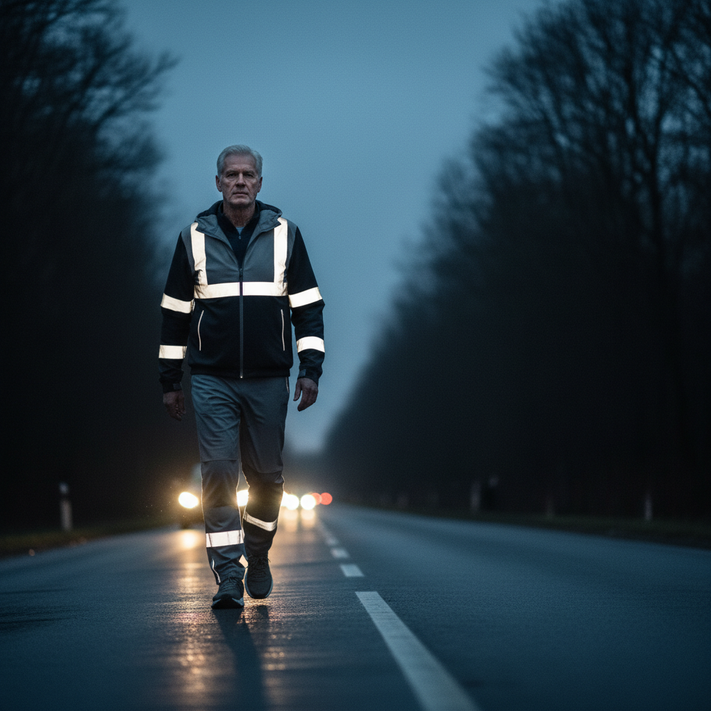 어두운 길에서 반사 띠를 두른 실버 남성이 걷는 모습