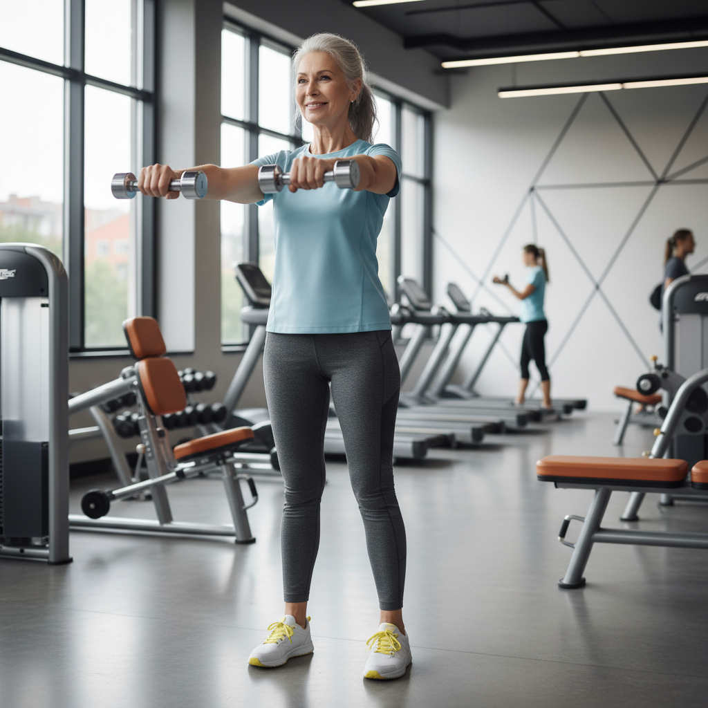 60대 시니어가 헬스장에서 가벼운 웨이트 트레이닝을 하는 장면