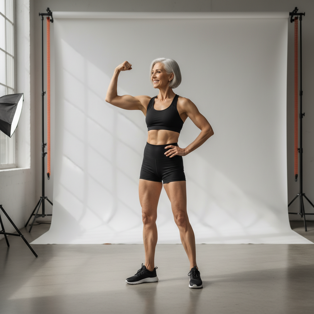 60대 시니어가 스튜디오에서 자신감 있는 포즈로 바디 프로필 촬영을 하는 장면