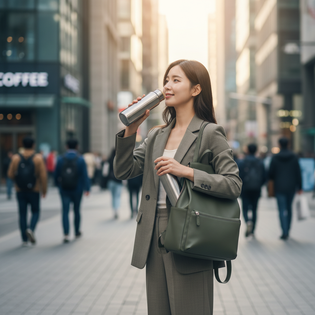 20대 한국 여성이 출근길 가방에서 물병을 꺼내 마시는 장면