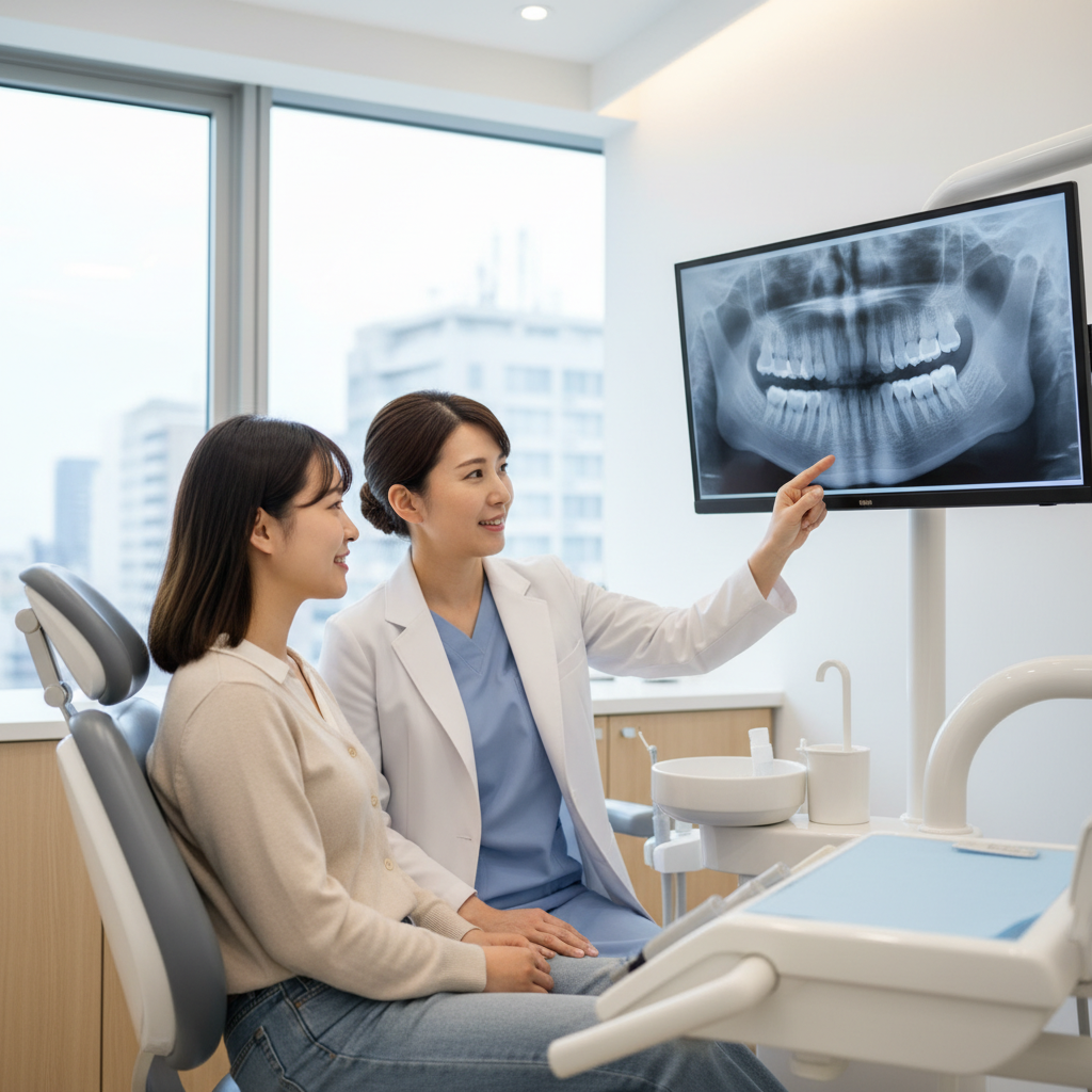 치과 진료실에서 엑스레이를 보며 설명 듣는 20대 여성 환자