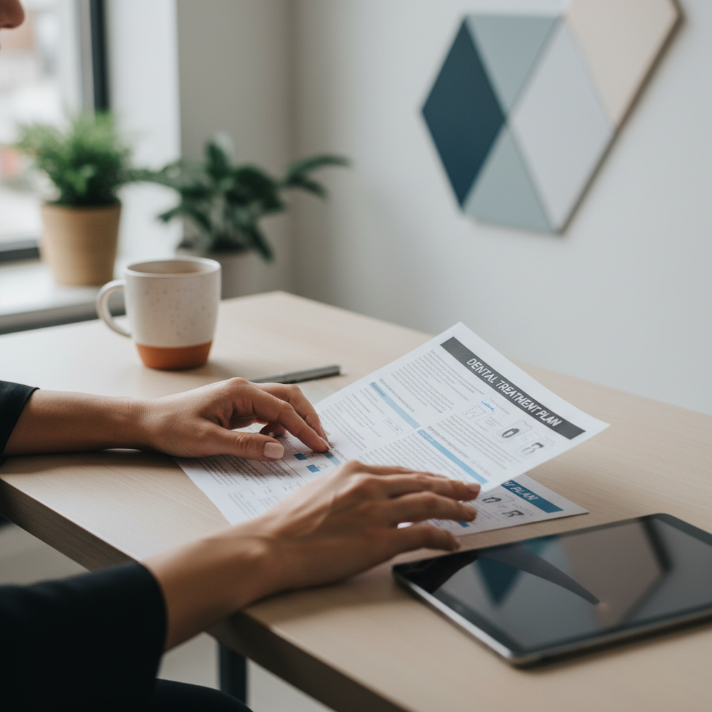 치과 진료 계획서를 꼼꼼히 살펴보는 여성의 손