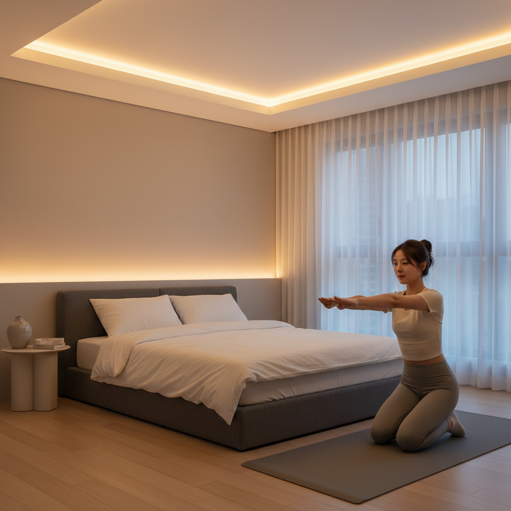 침실에서 간접조명을 켜고 가벼운 스트레칭을 하는 한국인 여성