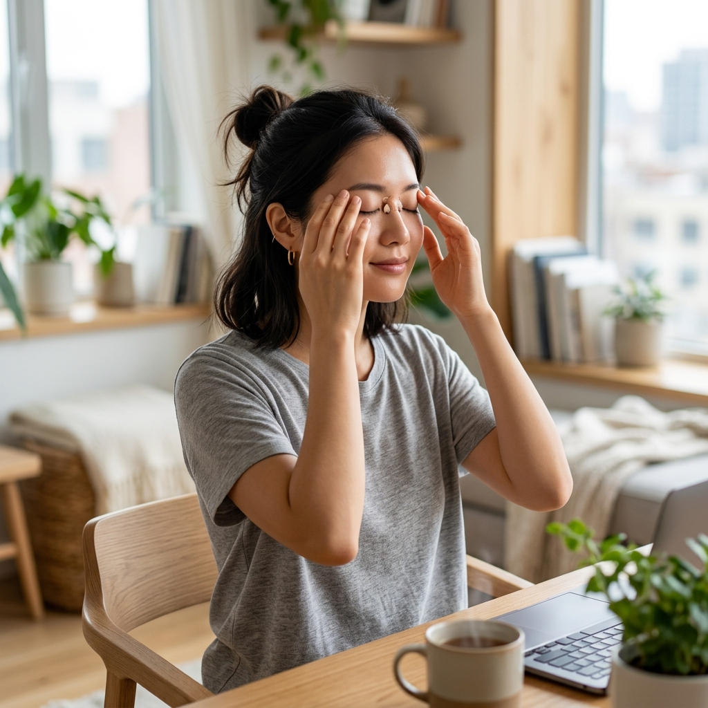 눈 주변을 가볍게 지그시 누르며 피로를 풀고 있는 한국인 여성