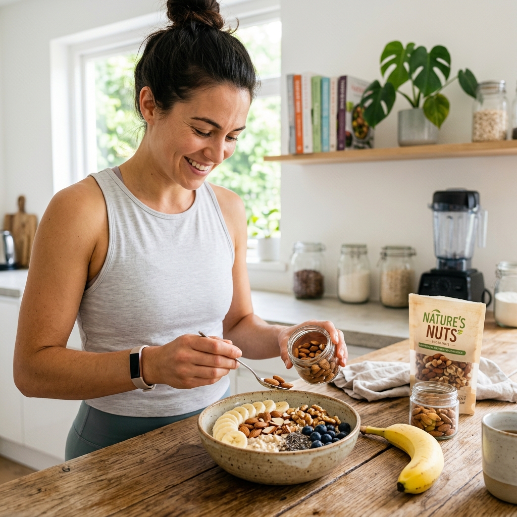 견과류와 바나나가 담긴 그릇을 놓고 가볍게 식사 준비하는 장면