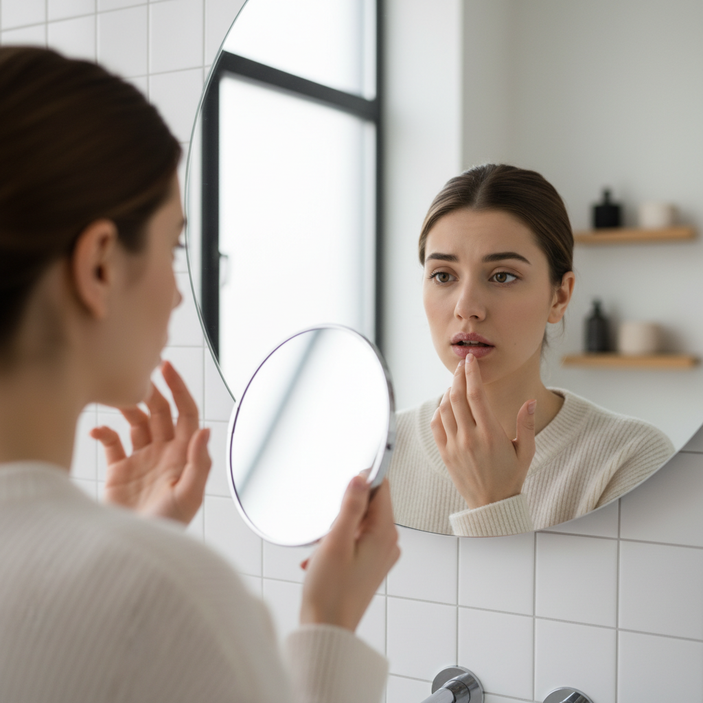 입술이 갈라진 모습을 확인하는 여성