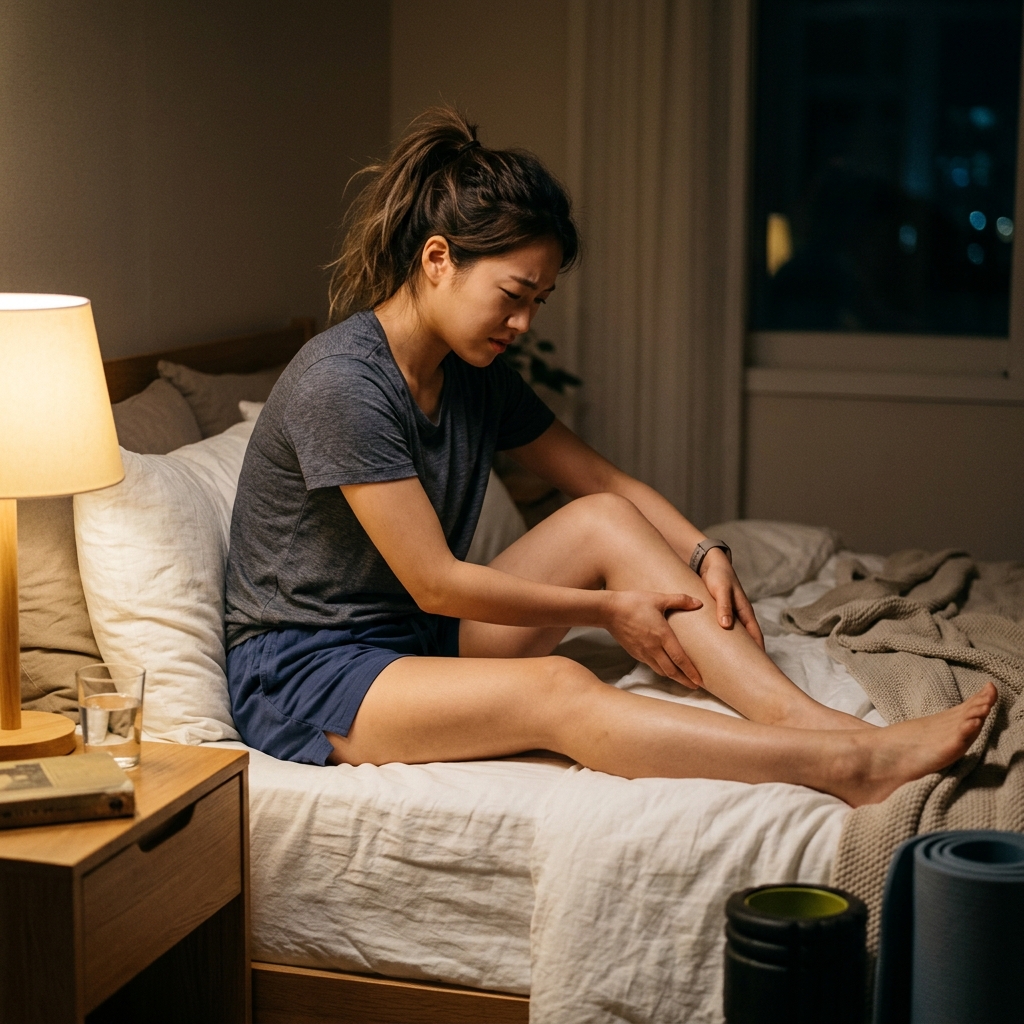 밤에 침대에서 종아리를 감싸고 있는 한국인 여성