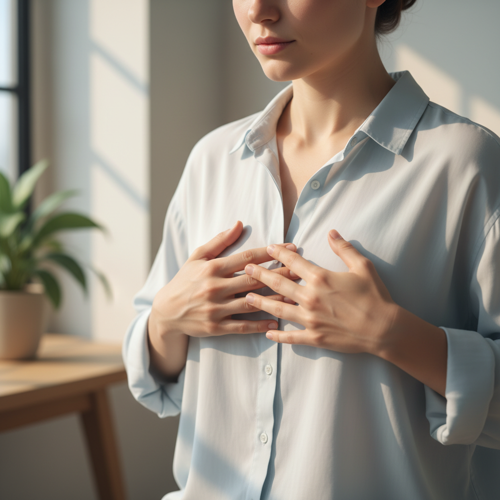 명치 끝 부위를 손으로 가볍게 짚고 있는 모습