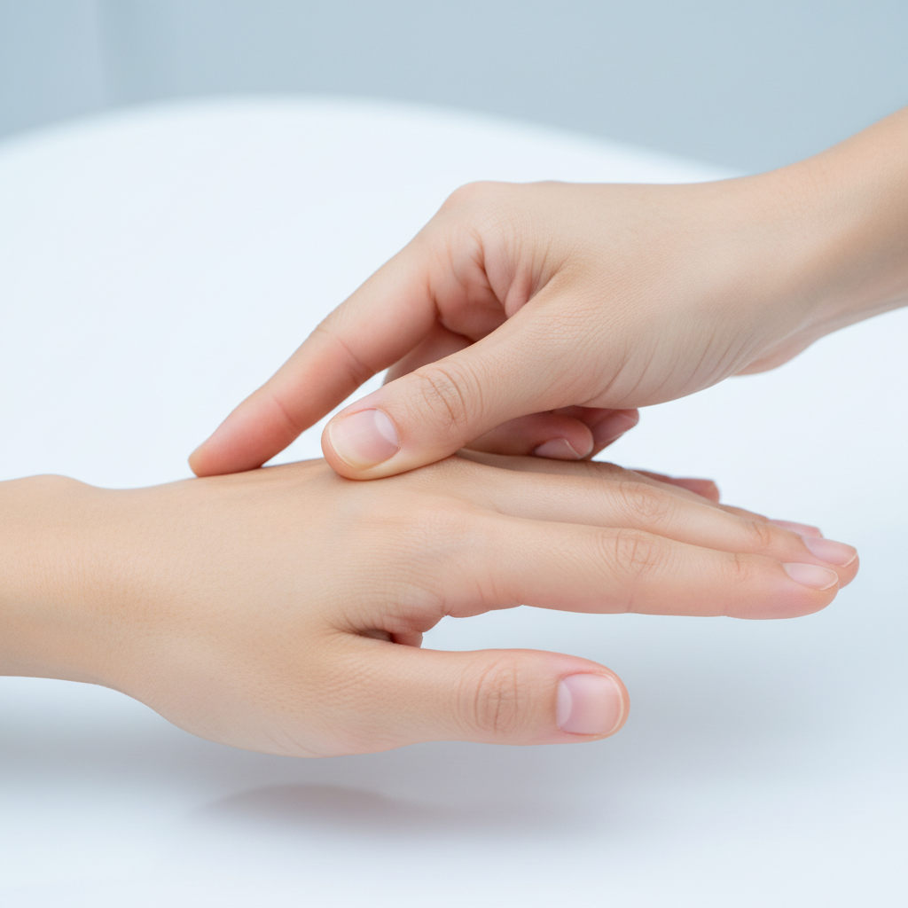 손등의 합곡혈 부위를 엄지로 지압하는 장면