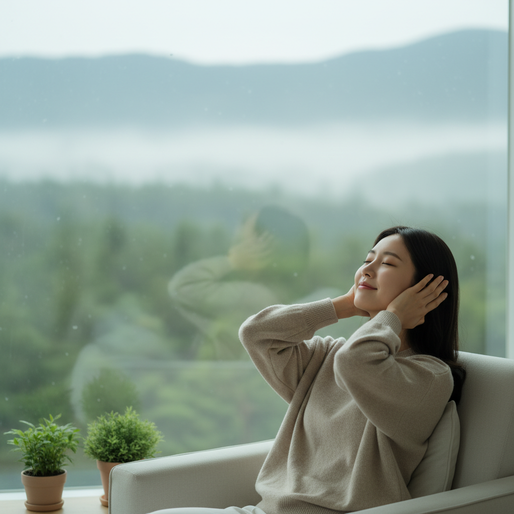 조용한 환경에서 귀를 쉬게 하는 한국인 여성의 편안한 모습