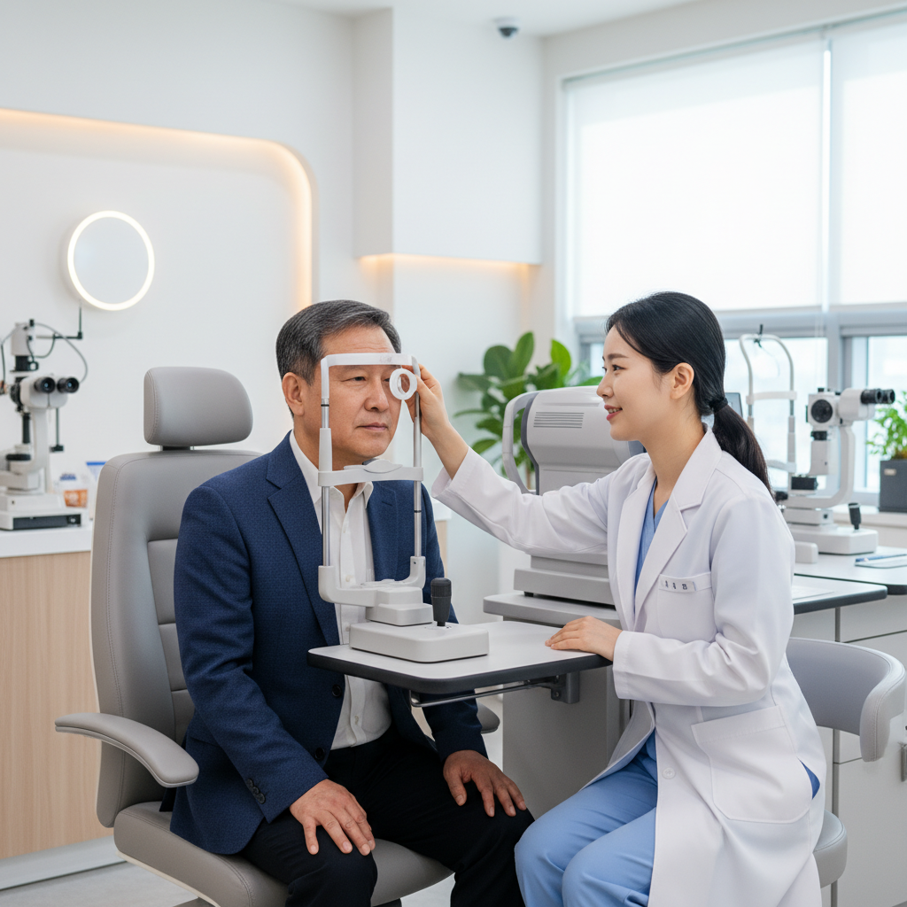 60대 한국인이 안과에서 시력 검사를 받는 장면
