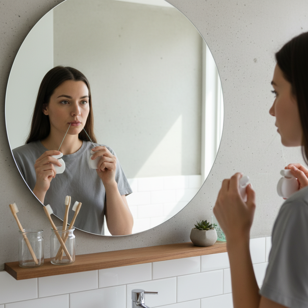 거울 앞에서 치실을 사용하는 모습